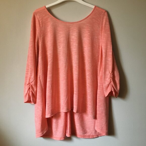 George Tops - Pastelcore Coral Heathered Back Crochet Lace Long Sleeve A-Line Top